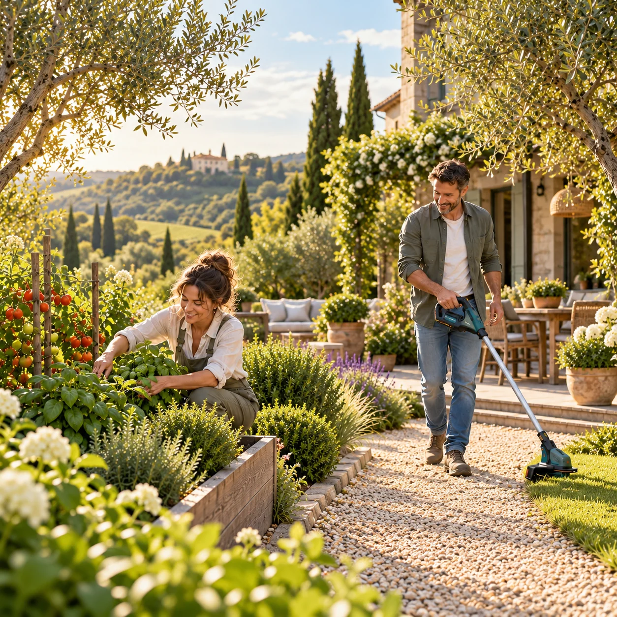 Woman tending herbs in a raised garden bed while a man trims the lawn beside a Mediterranean patio.