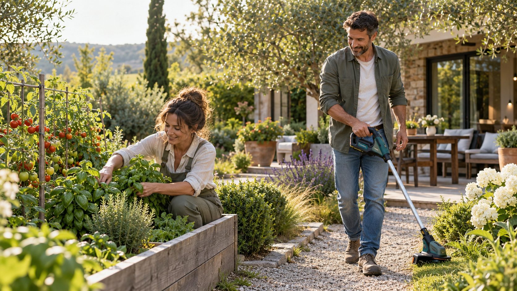 Man and woman tending a vegetable garden and trimming the lawn beside an outdoor patio.
