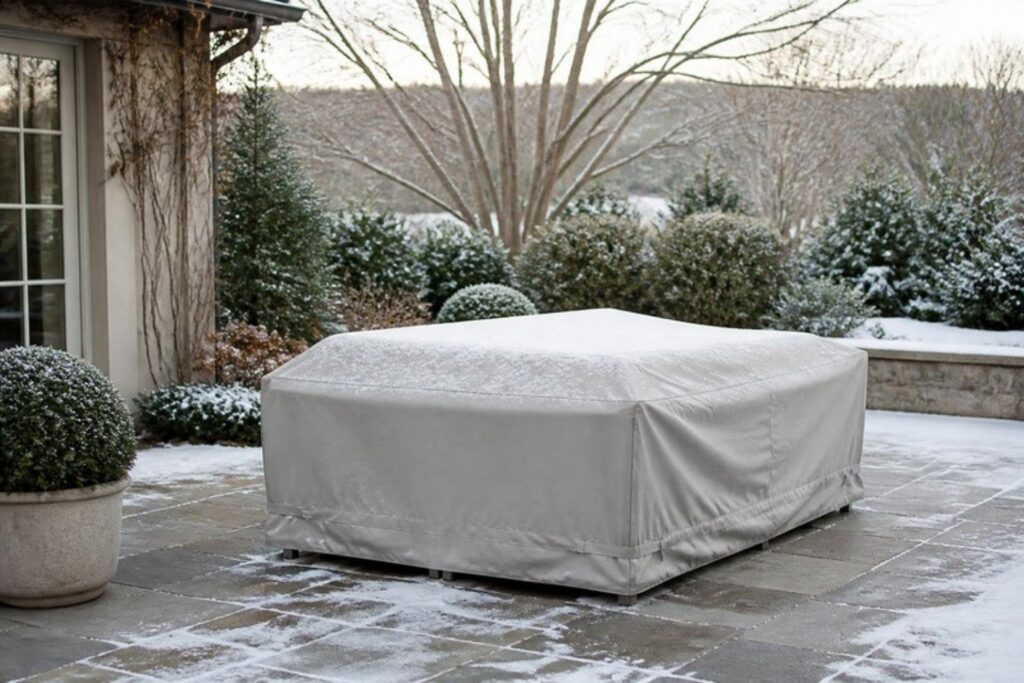 How to store patio furniture for winter: covered patio dining set in the snow