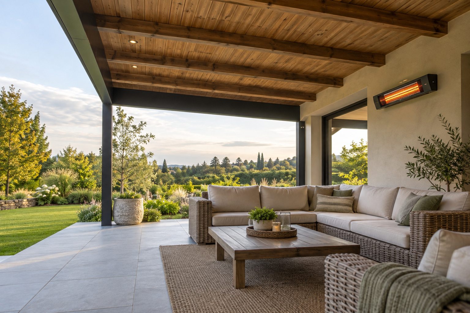 Open-sided covered patio with a wall-mounted electric heater and garden view