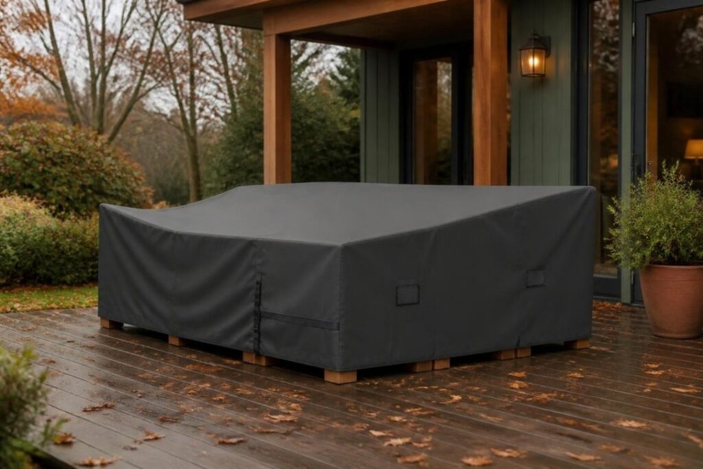 Patio furniture covers: fitted water-resistant cover over an outdoor lounge set on a deck