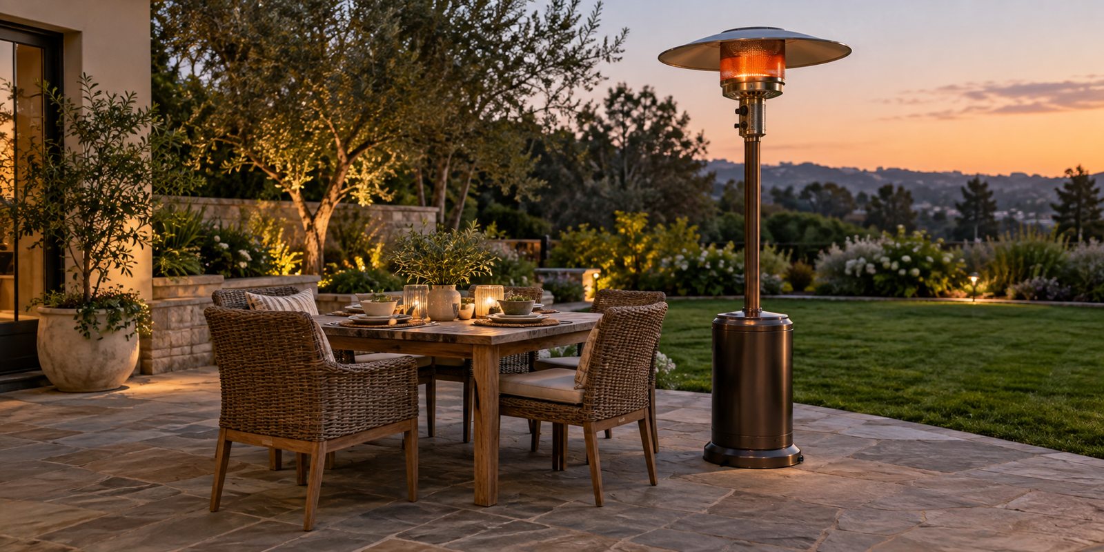Patio heater BTU: freestanding patio heater beside an outdoor dining area when choosing heater BTU output