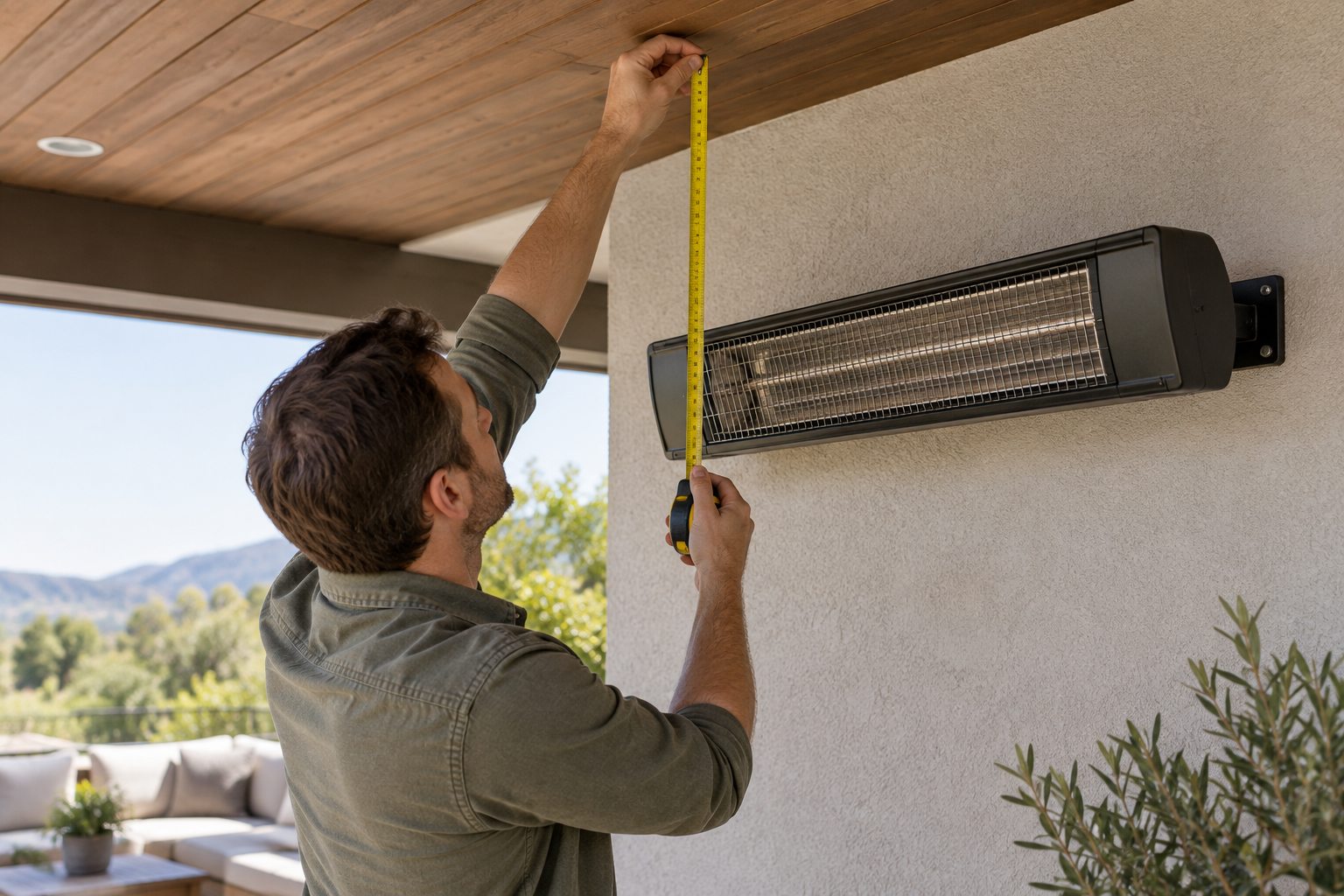 Measuring the space between an electric patio heater and a covered patio ceiling