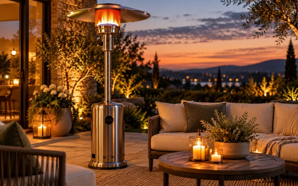 Cost to run a patio heater: patio heater warming an outdoor seating area