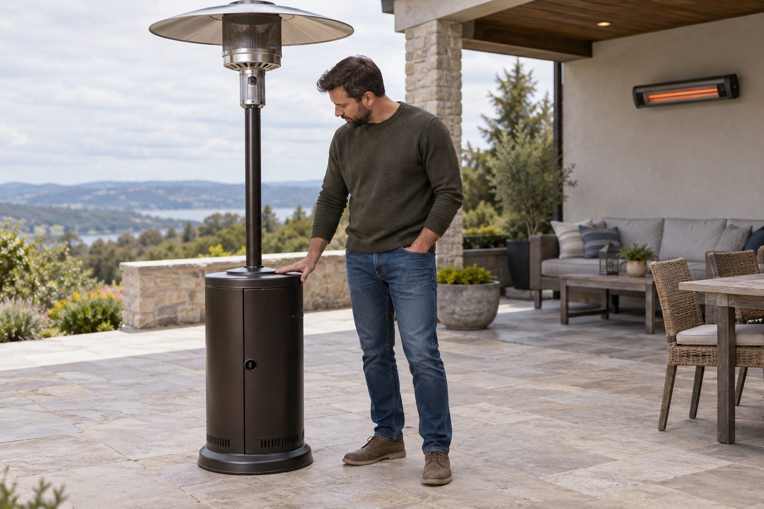 Freestanding propane patio heater on an open outdoor terrace