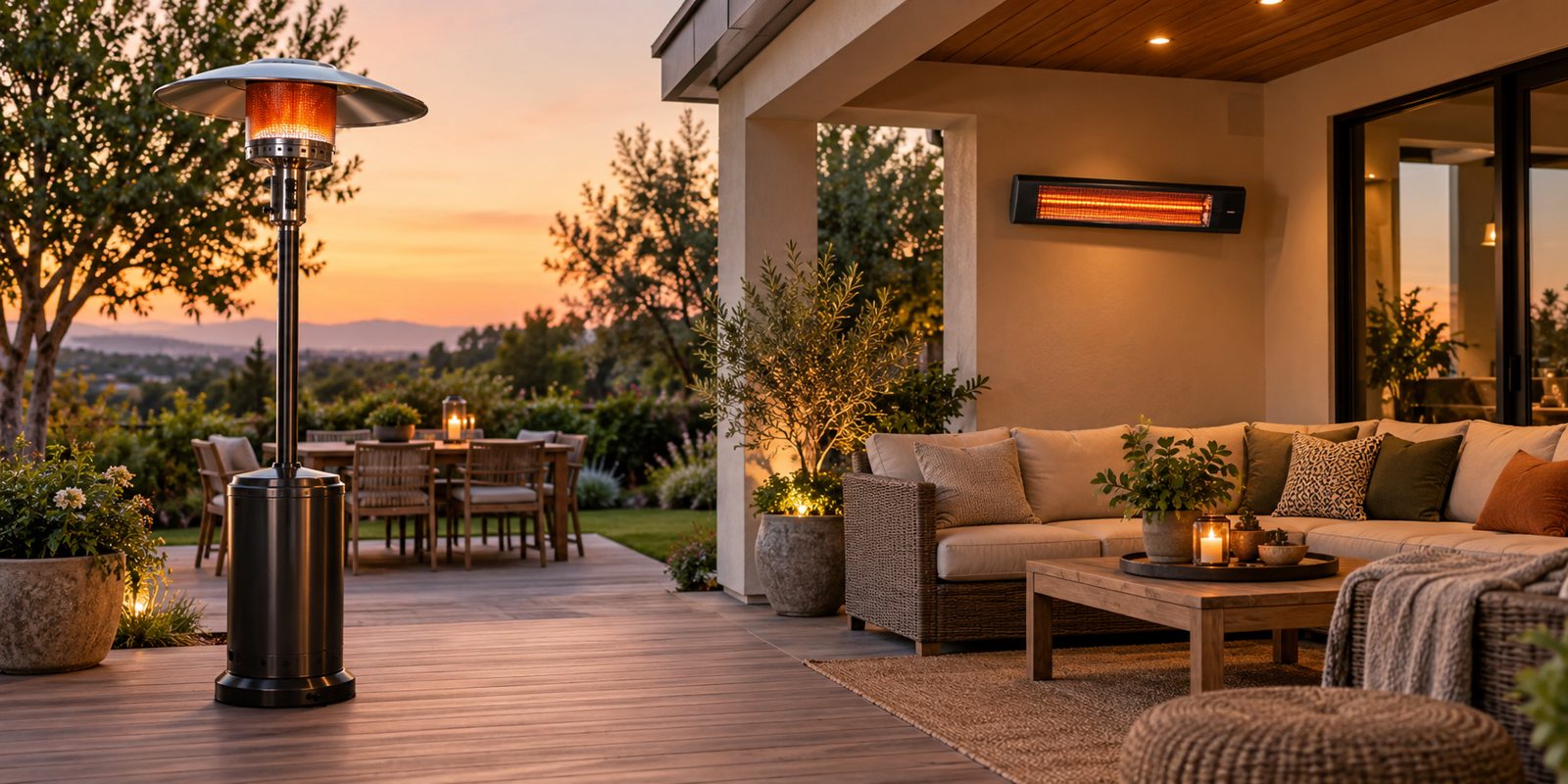 Propane vs electric patio heater: propane heater on an open patio and electric heater in a covered seating area