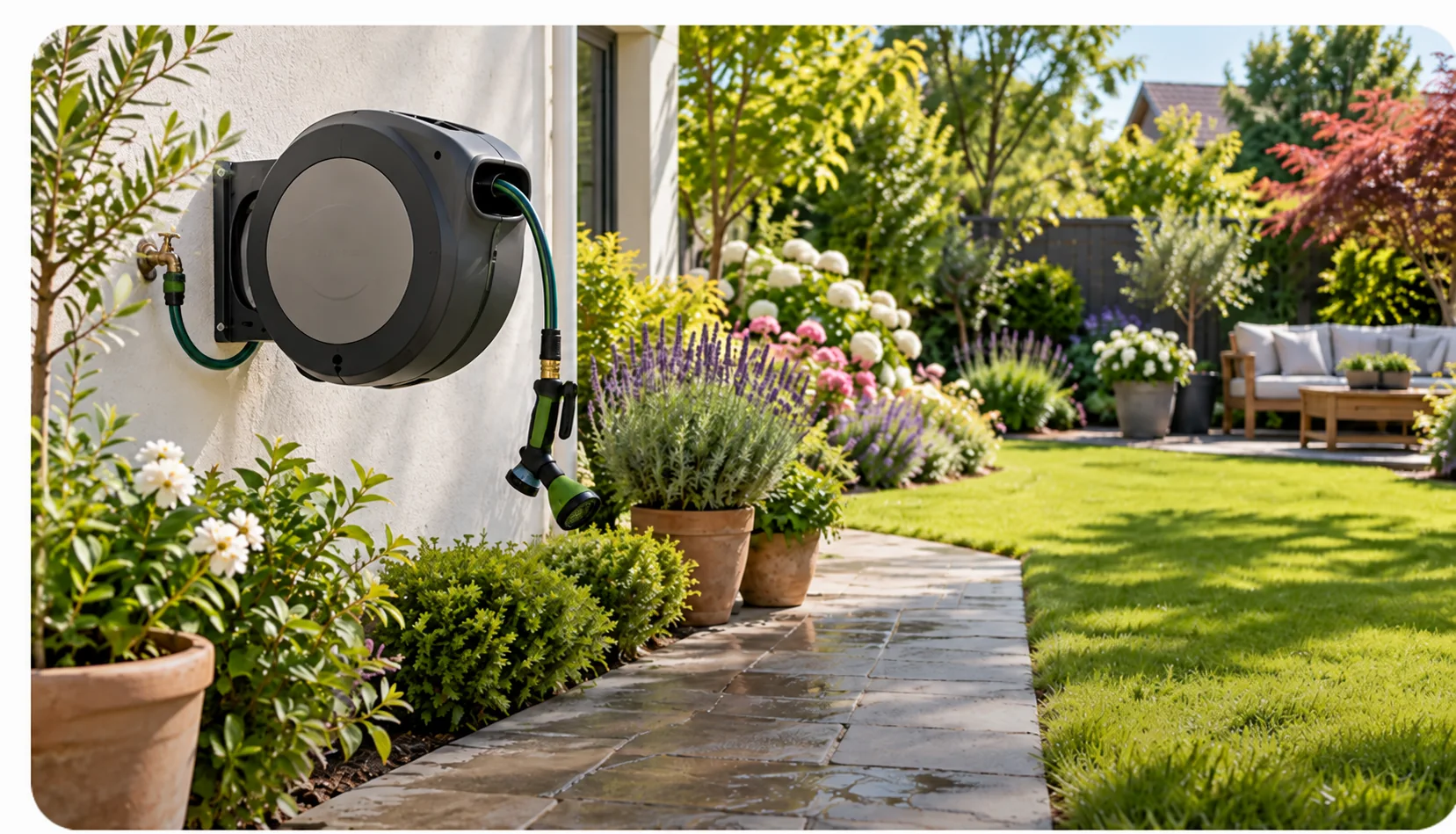 Retractable garden hose reel with supply hose connected directly from the outdoor wall faucet